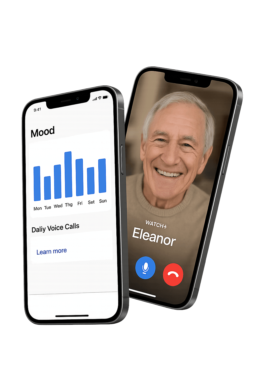 WelVoice app showing mood tracking and daily call summary on an iPhone